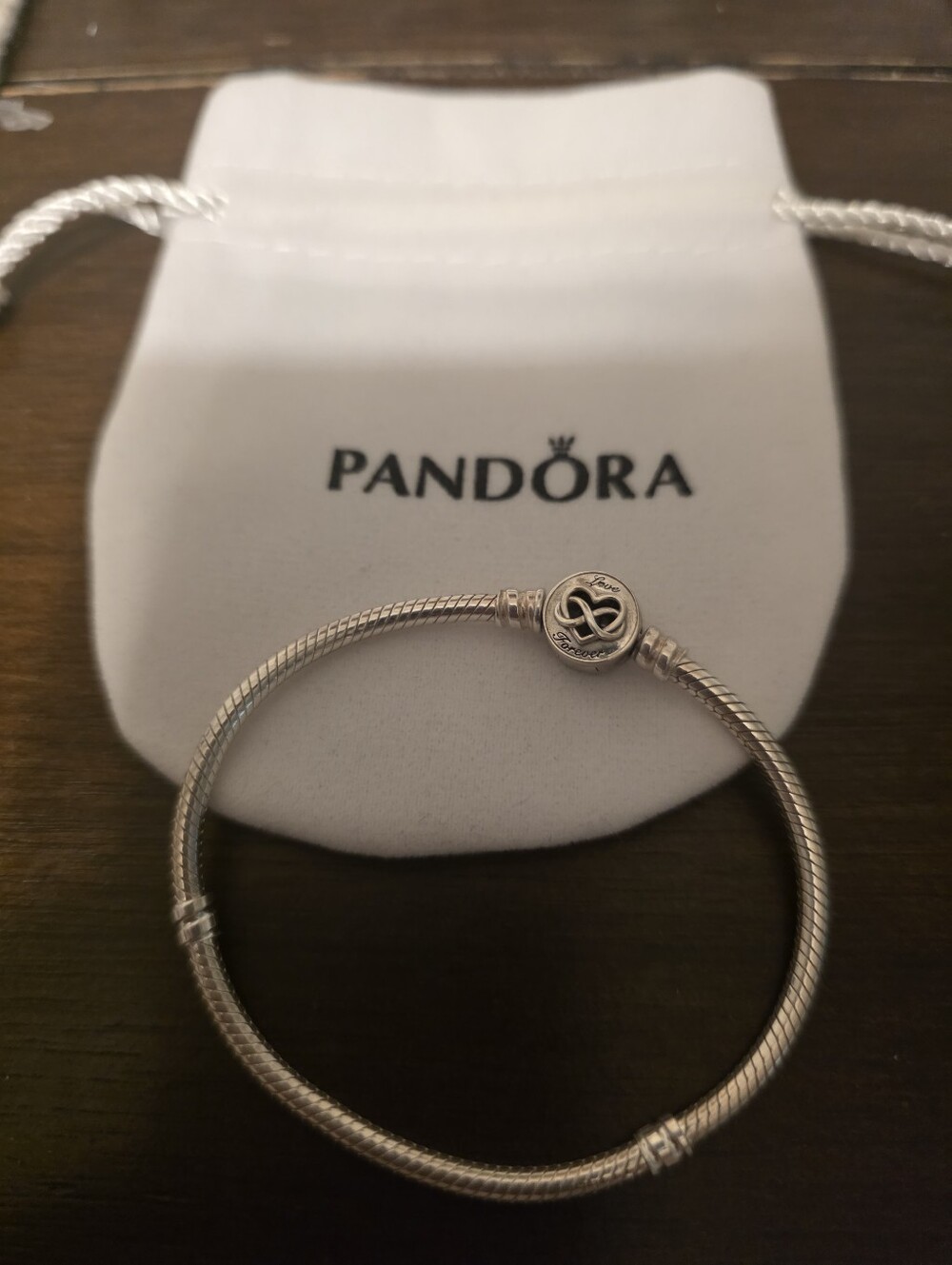 Pandora Silver Snake Chain Bracelet with Logo Clasp, Size 6.5, Infinity Symbol